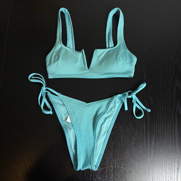 AERIE Womens XS Aqua Blue Side-Tie Hi-Cut Bikini Swimsuit Set V-Wire Cheekiest - Picture 1 of 6
